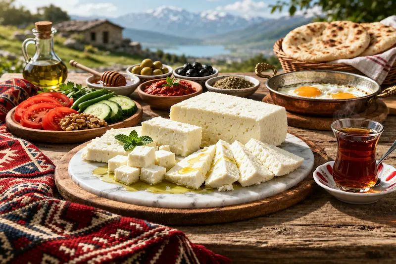 Geleneksel yöntemlerle üretilmiş doğal Van peyniri ve kahvaltı sunumu